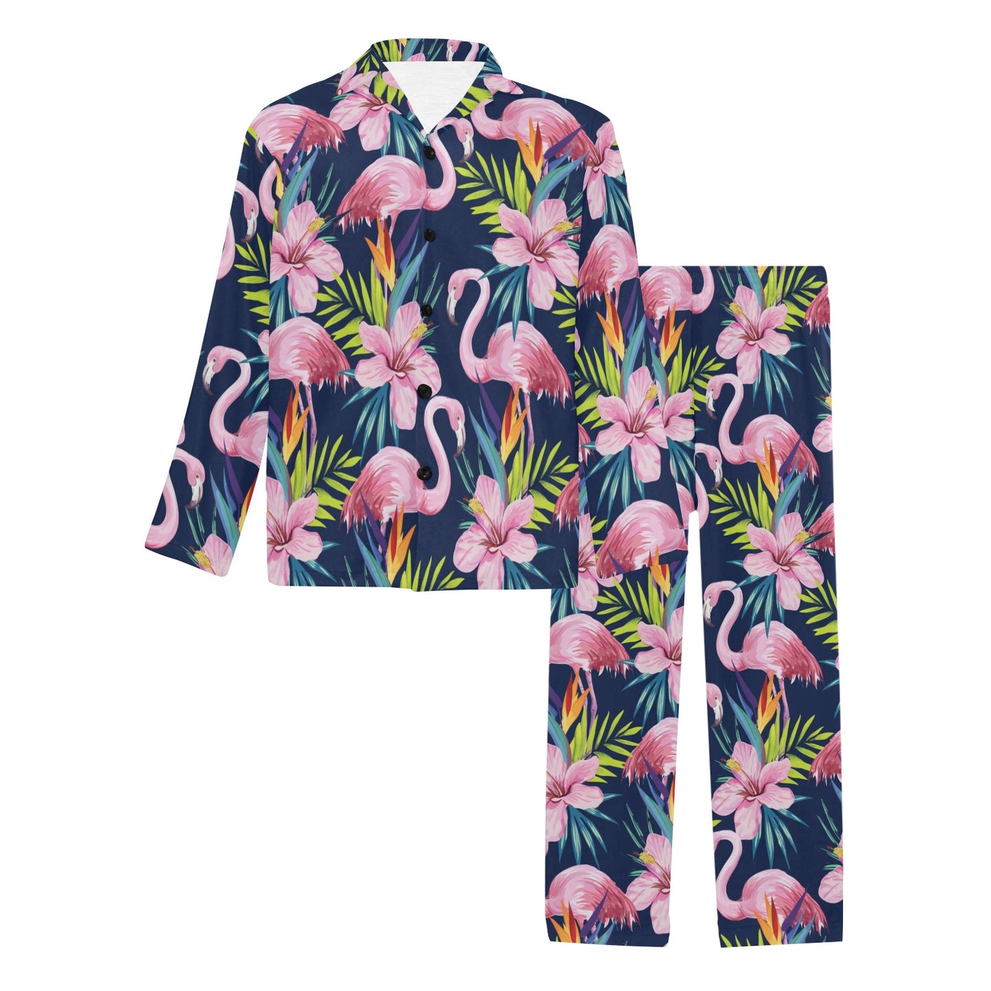 Flamingo Hibiscus Print Men's Long Pajama Set