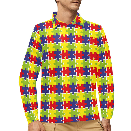 Autism Awareness Pattern Print Design 03 Long Sleeve Polo Shirt For Men's