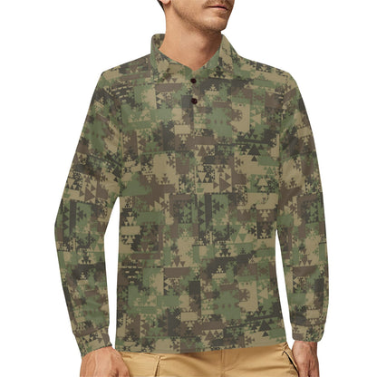 Camouflage Aztec Green Army Print Long Sleeve Polo Shirt For Men's