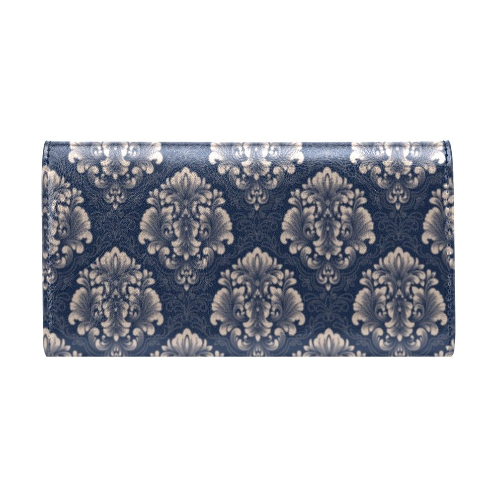 Damask Blue Luxury Print Pattern Women's Trifold Wallet