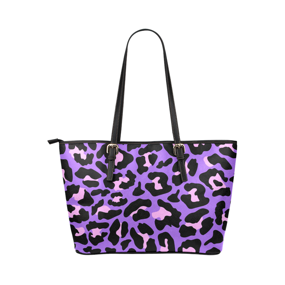 Cheetah Purple Neon Print Pattern Leather Tote Bag