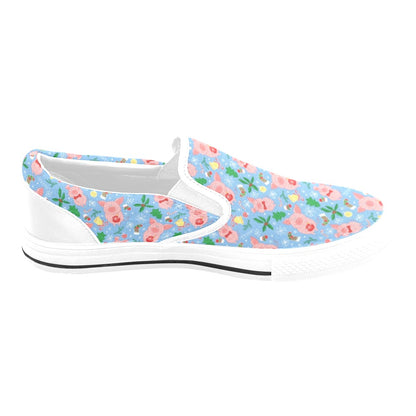 Pig Print Design LKS404 White Slip Ons Canvas Women's Shoes