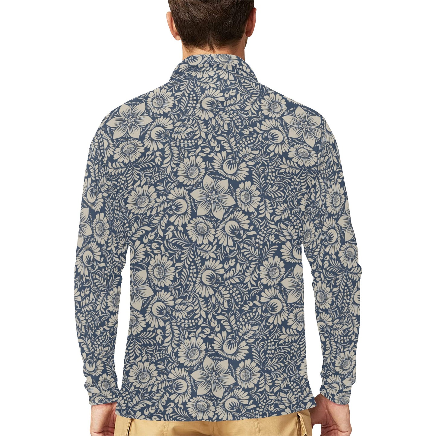 Elegant Floral Print Pattern Long Sleeve Polo Shirt For Men's