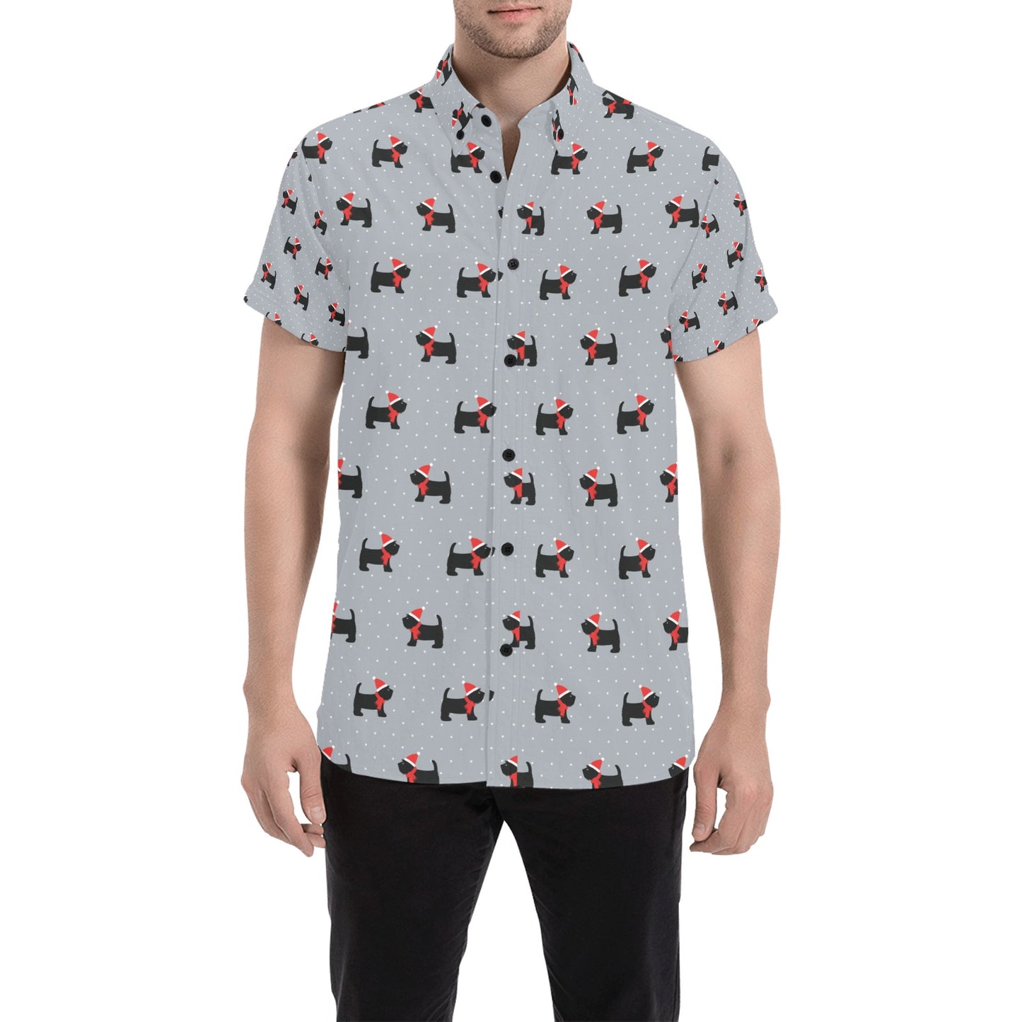 Scottish Christmas Themed Terriers Print Design LKS3018 Men Short Sleeve Button Up Shirt