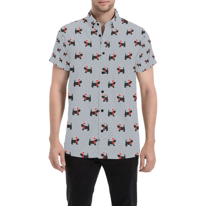 Scottish Christmas Themed Terriers Print Design LKS3018 Men Short Sleeve Button Up Shirt