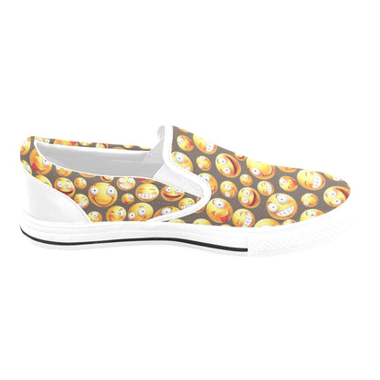 Smiley Face Emoji Print Design LKS303 White Slip Ons Canvas Women's Shoes