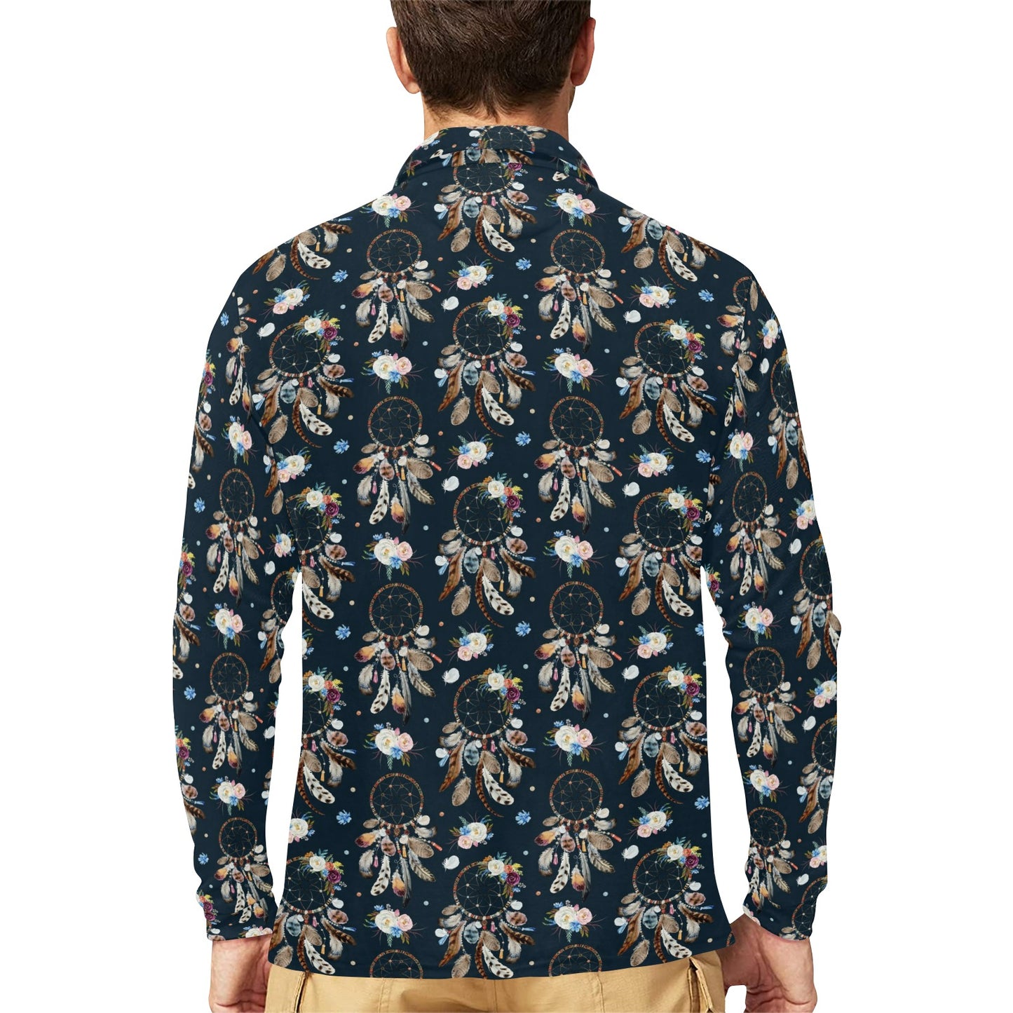 Dream Catcher Boho Floral Style Long Sleeve Polo Shirt For Men's
