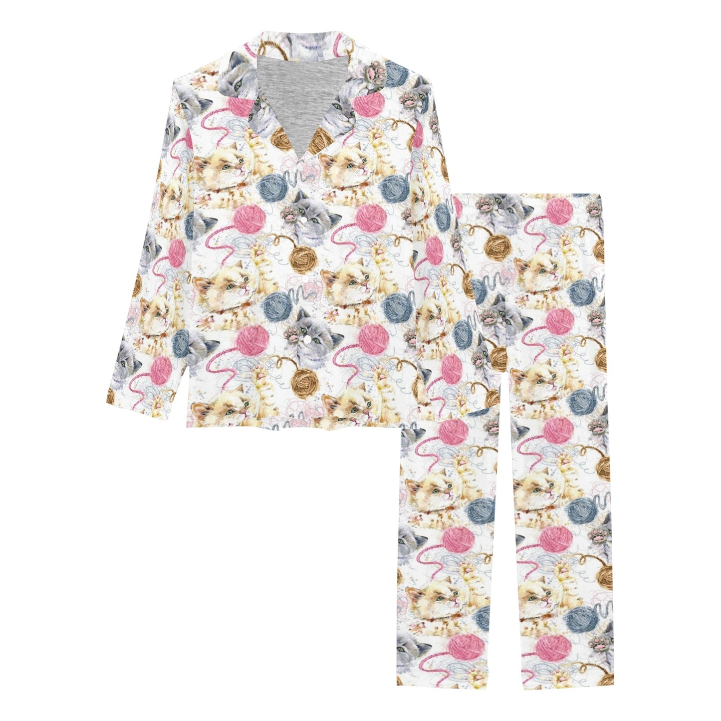 Cat Playing Yarn Pattern Print Design 07 Women's Long Pajama Set