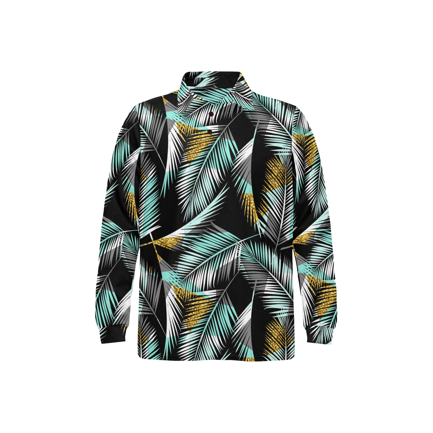 Gold Glitter Cyan Tropical Palm Leaves Long Sleeve Polo Shirt For Men's