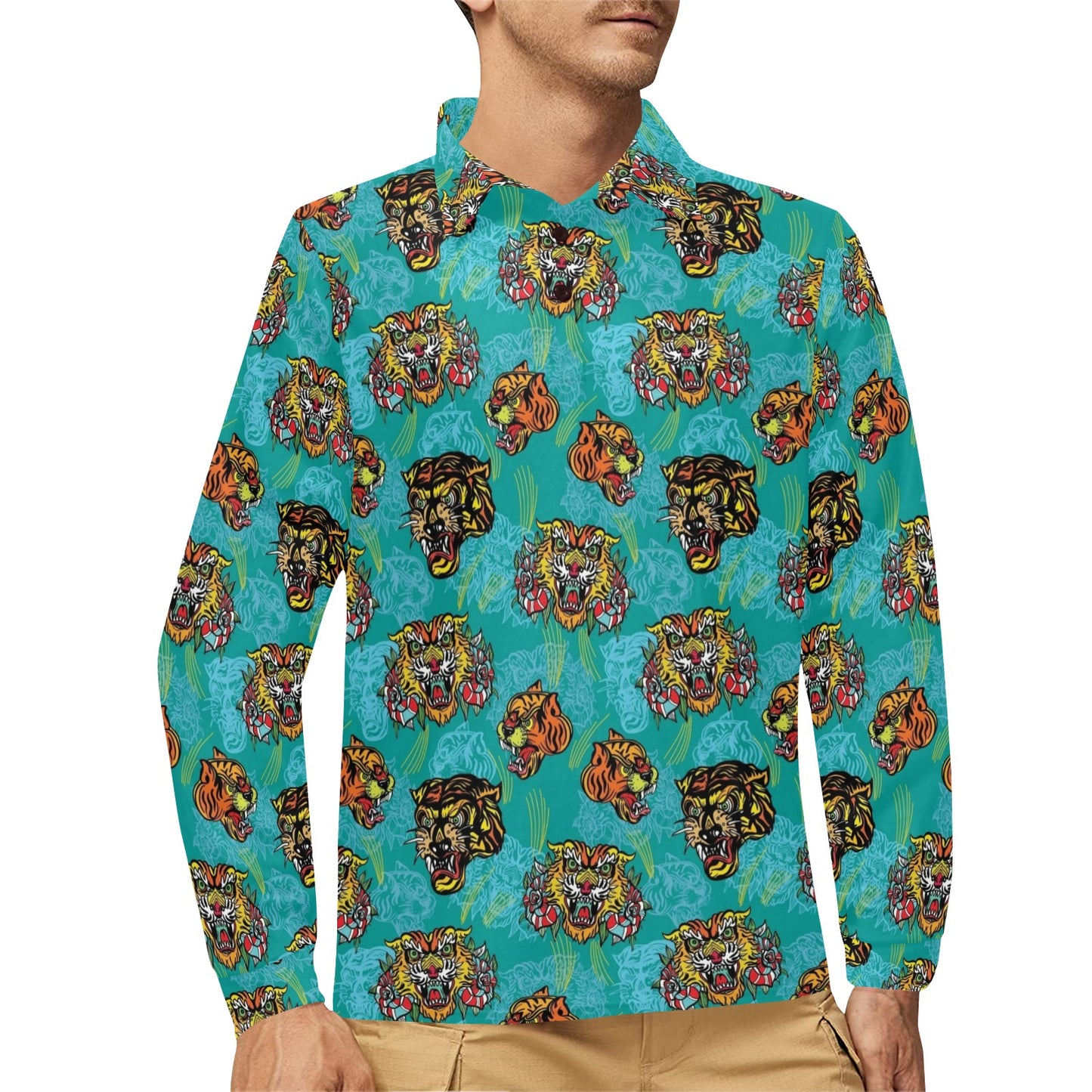 Tattoo Tiger Head Print Design LKS304 Long Sleeve Polo Shirt For Men's