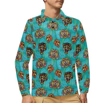 Tattoo Tiger Head Print Design LKS304 Long Sleeve Polo Shirt For Men's