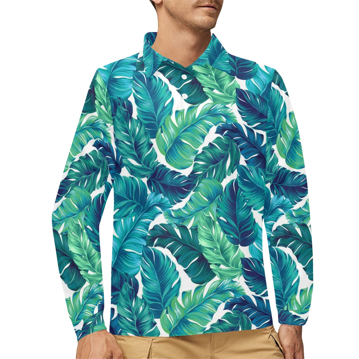 Brightness Tropical Palm Leaves Long Sleeve Polo Shirt For Men's