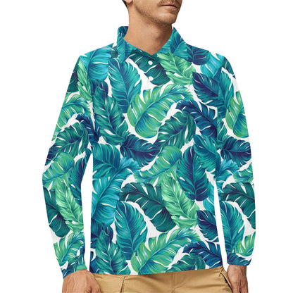 Brightness Tropical Palm Leaves Long Sleeve Polo Shirt For Men's