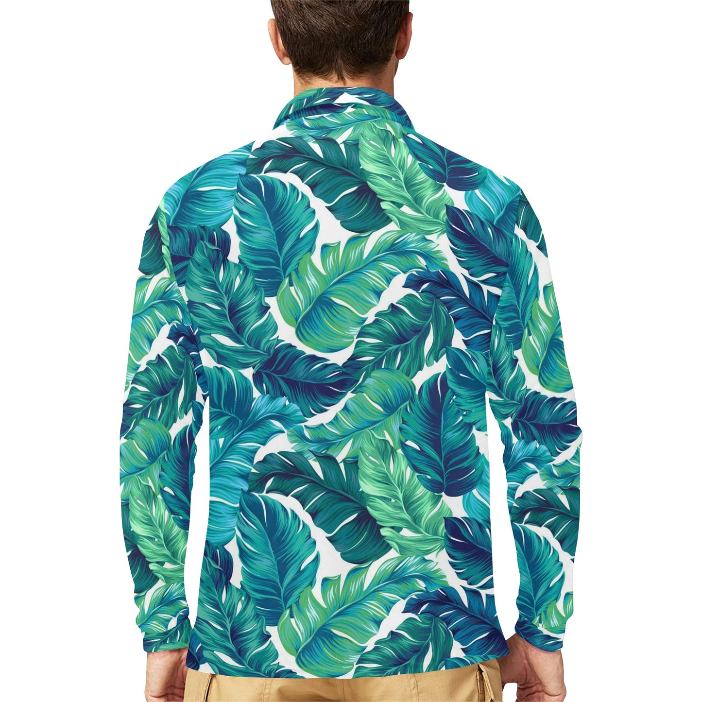 Brightness Tropical Palm Leaves Long Sleeve Polo Shirt For Men's