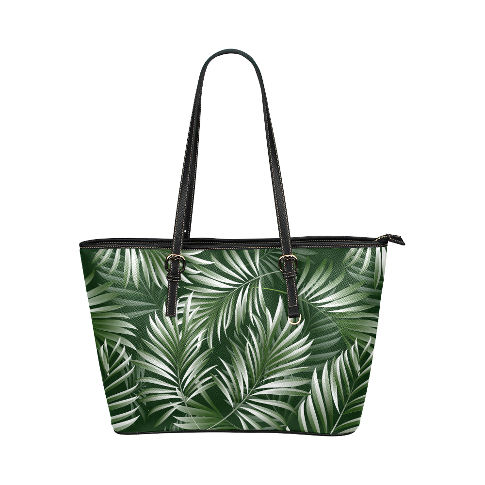White Green Tropical Palm Leaves Leather Tote Bag