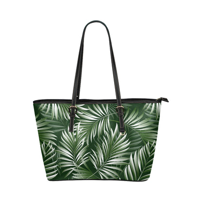 White Green Tropical Palm Leaves Leather Tote Bag