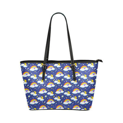 Rainbow Space Design Print Leather Tote Bag