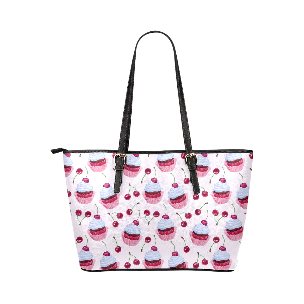 Cherry Cupcake Pink Pattern Leather Tote Bag