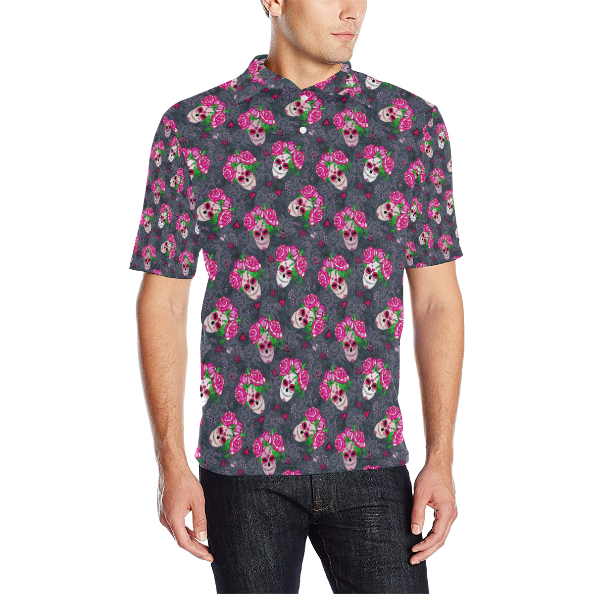Sugar Skull Pink Rose Themed Print Men Polo Shirt
