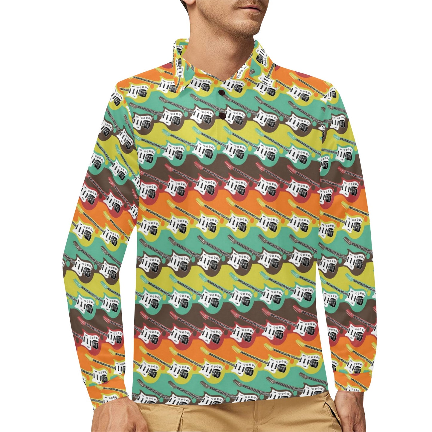 Electric Guitar Print Design LKS401 Long Sleeve Polo Shirt For Men's