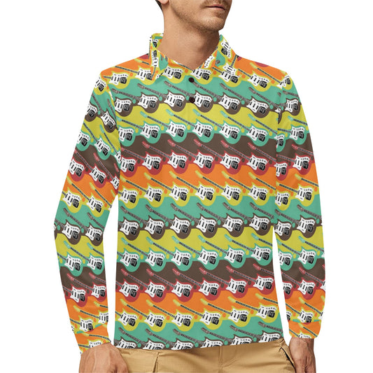 Electric Guitar Print Design LKS401 Long Sleeve Polo Shirt For Men's