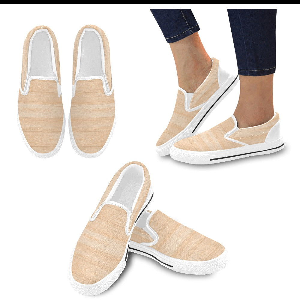 Wood Texture Print Design LKS302 White Slip Ons Canvas Women's Shoes