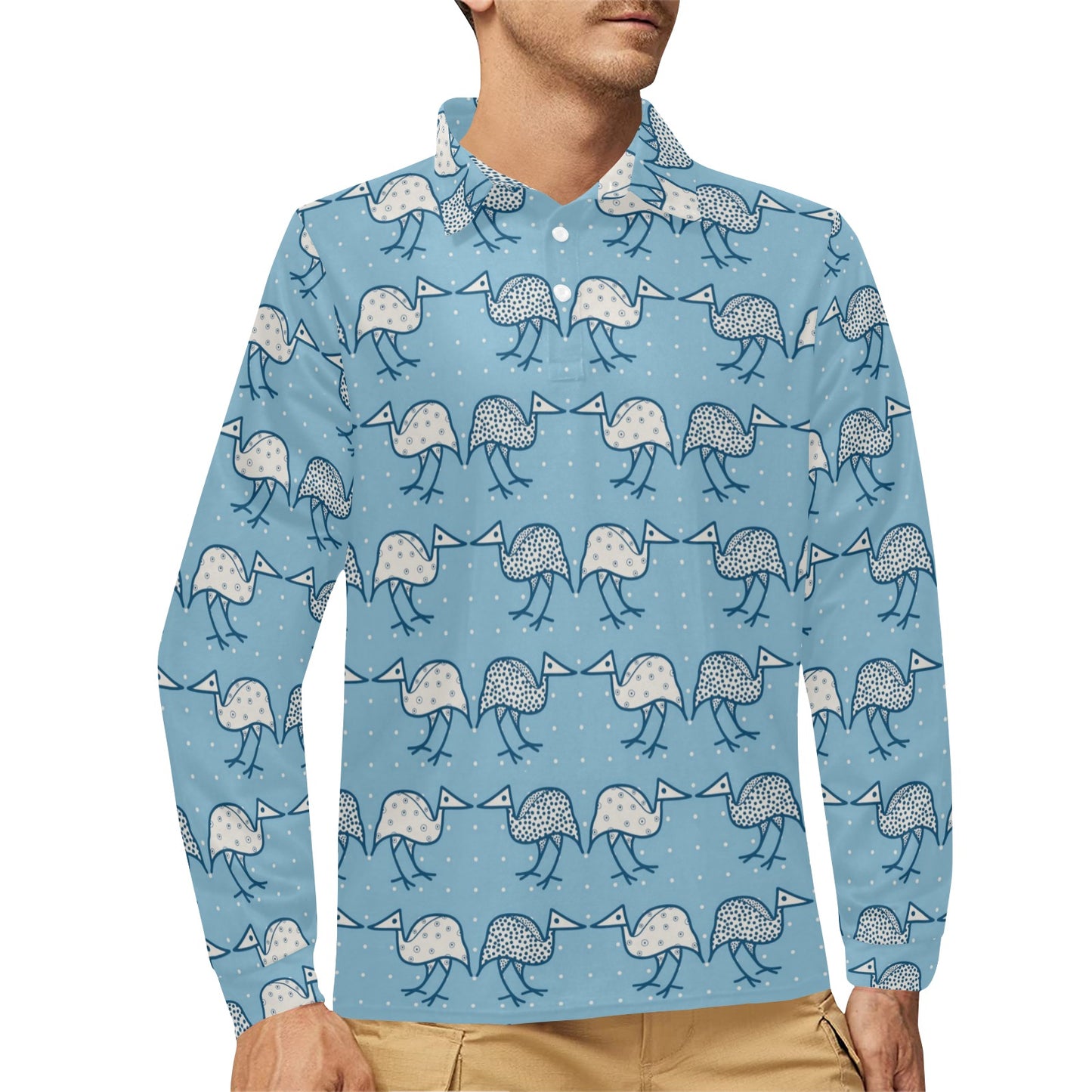 Emu Pattern Print Design 01 Long Sleeve Polo Shirt For Men's