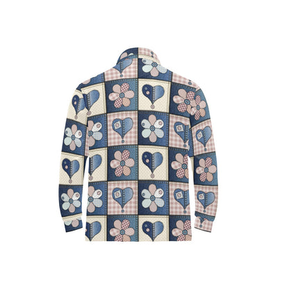 Patchwork Heart Flower Pattern Print Design 01 Long Sleeve Polo Shirt For Men's