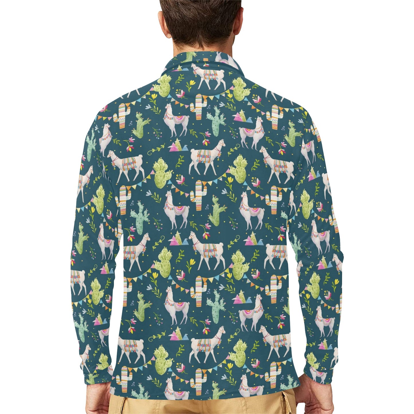 Llama with Cactus Design Print Long Sleeve Polo Shirt For Men's