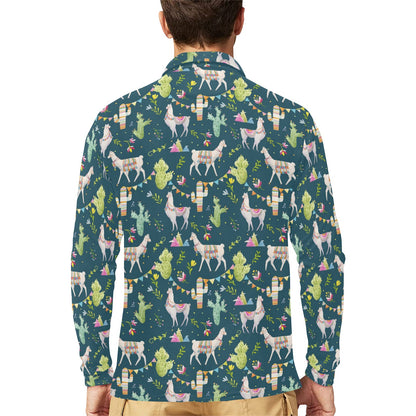Llama with Cactus Design Print Long Sleeve Polo Shirt For Men's
