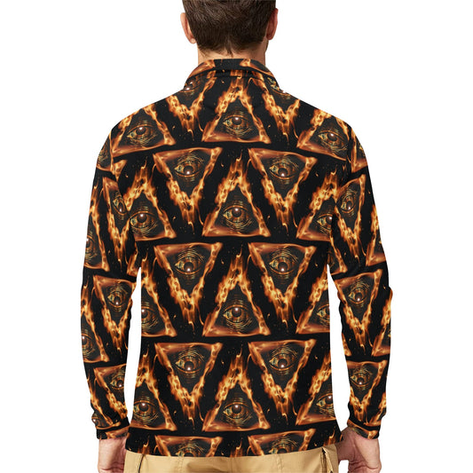 Eye of Horus in Flame Print Long Sleeve Polo Shirt For Men's