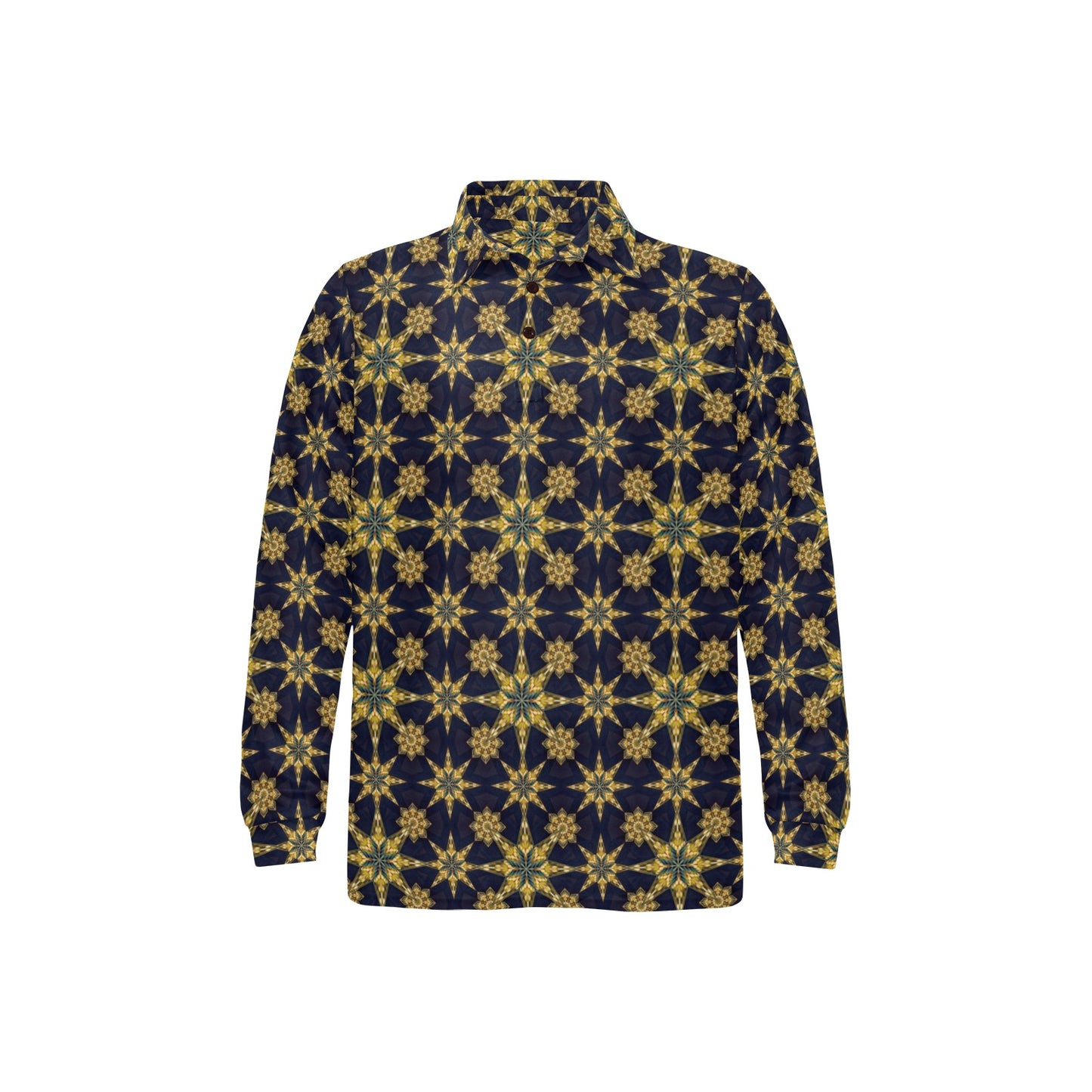 kaleidoscope Gold Print Design Long Sleeve Polo Shirt For Men's