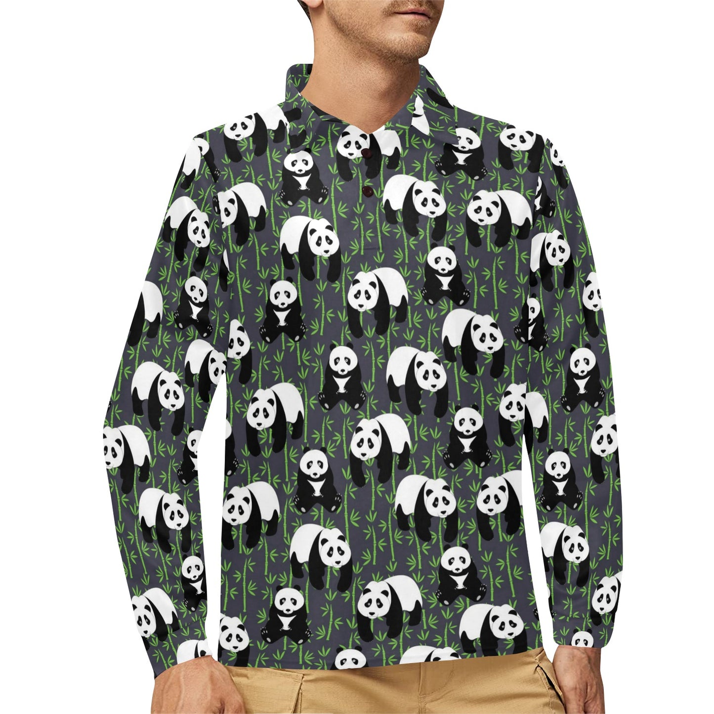 Panda Bear Bamboo Themed Print Long Sleeve Polo Shirt For Men's