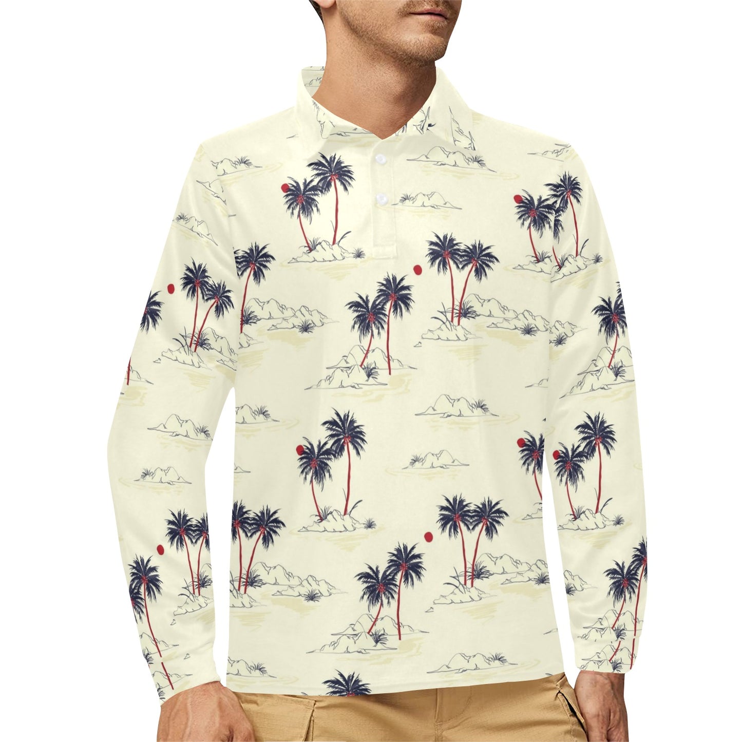 Palm Tree Pattern Print Design PT08 Long Sleeve Polo Shirt For Men's