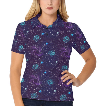Zodiac Galaxy Design Print Women's Polo Shirt
