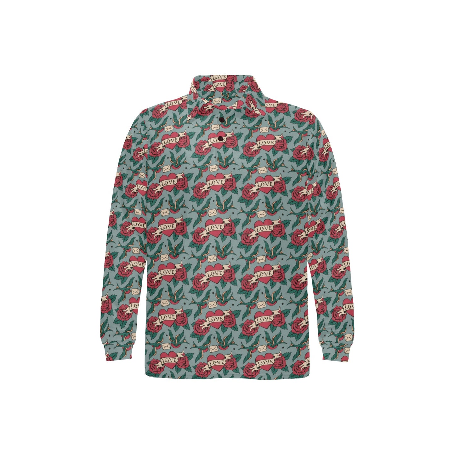 Tattoo Heart Print Design LKS301 Long Sleeve Polo Shirt For Men's