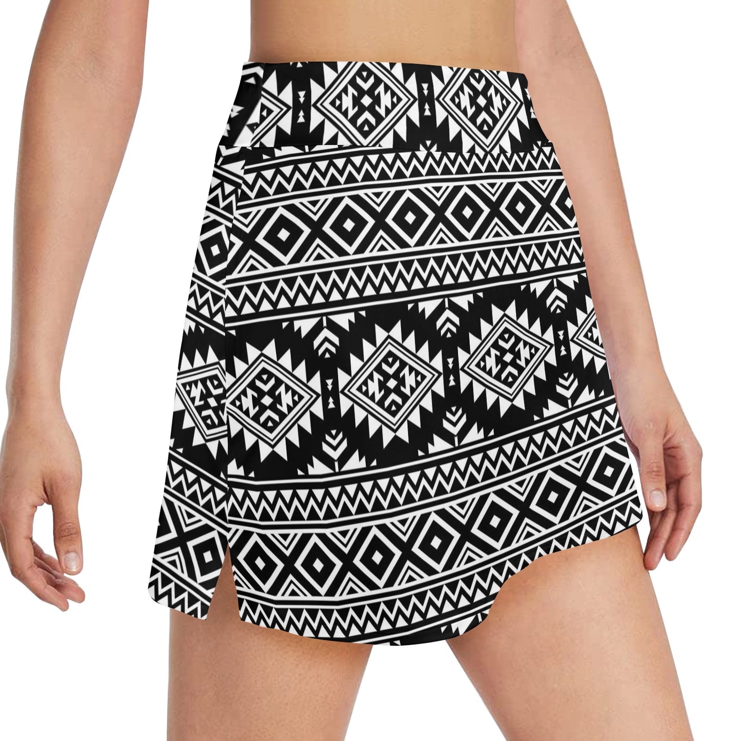 Aztec Black White Print Pattern 17" Golf & Pickleball Skort with Pockets