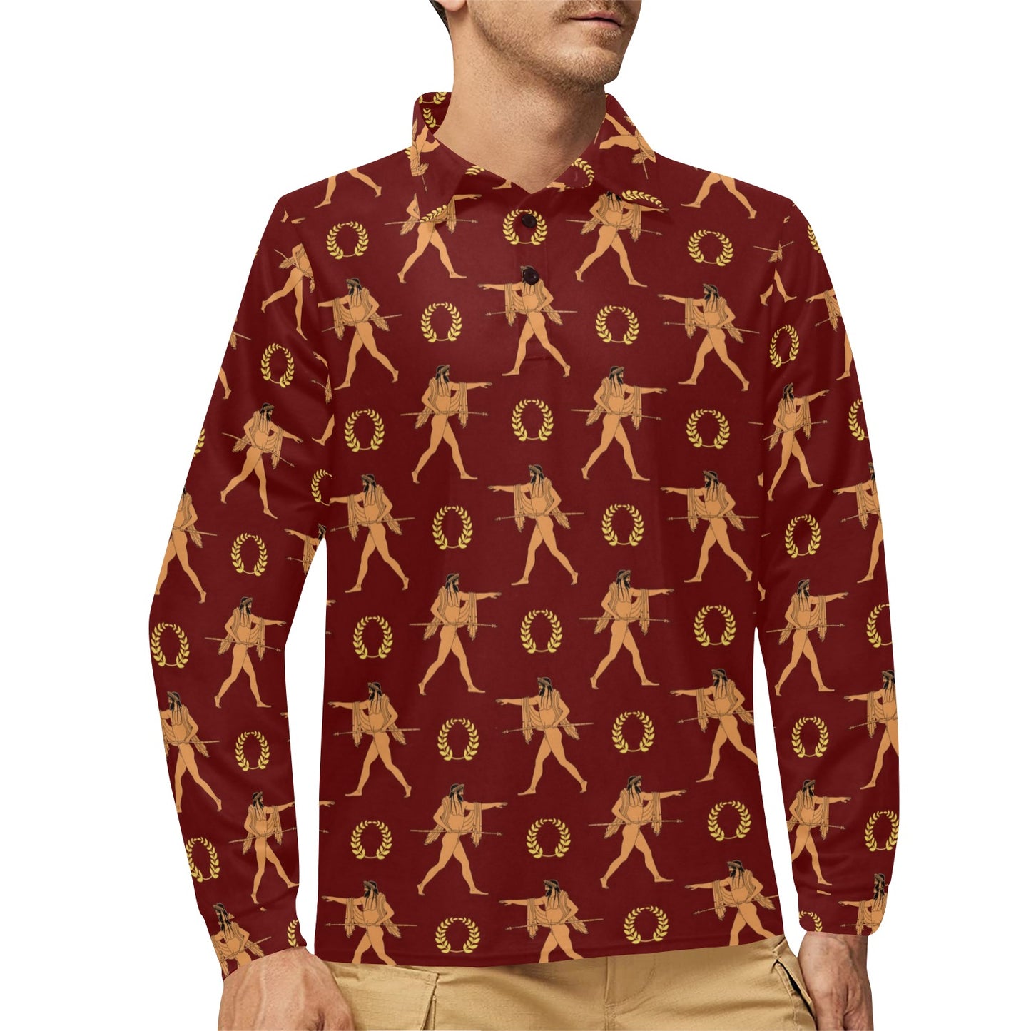 Ancient Greek Print Design LKS307 Long Sleeve Polo Shirt For Men's