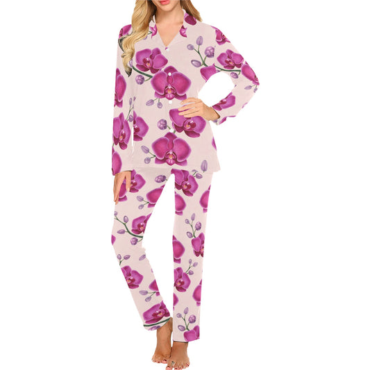 Orchid Pattern Print Design A02 Women's Long Pajama Set