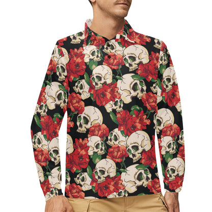 Skull Red Rose Long Sleeve Polo Shirt For Men's