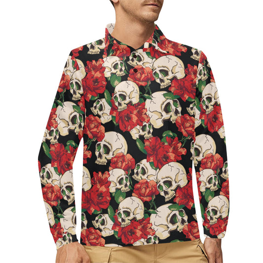 Skull Red Rose Long Sleeve Polo Shirt For Men's