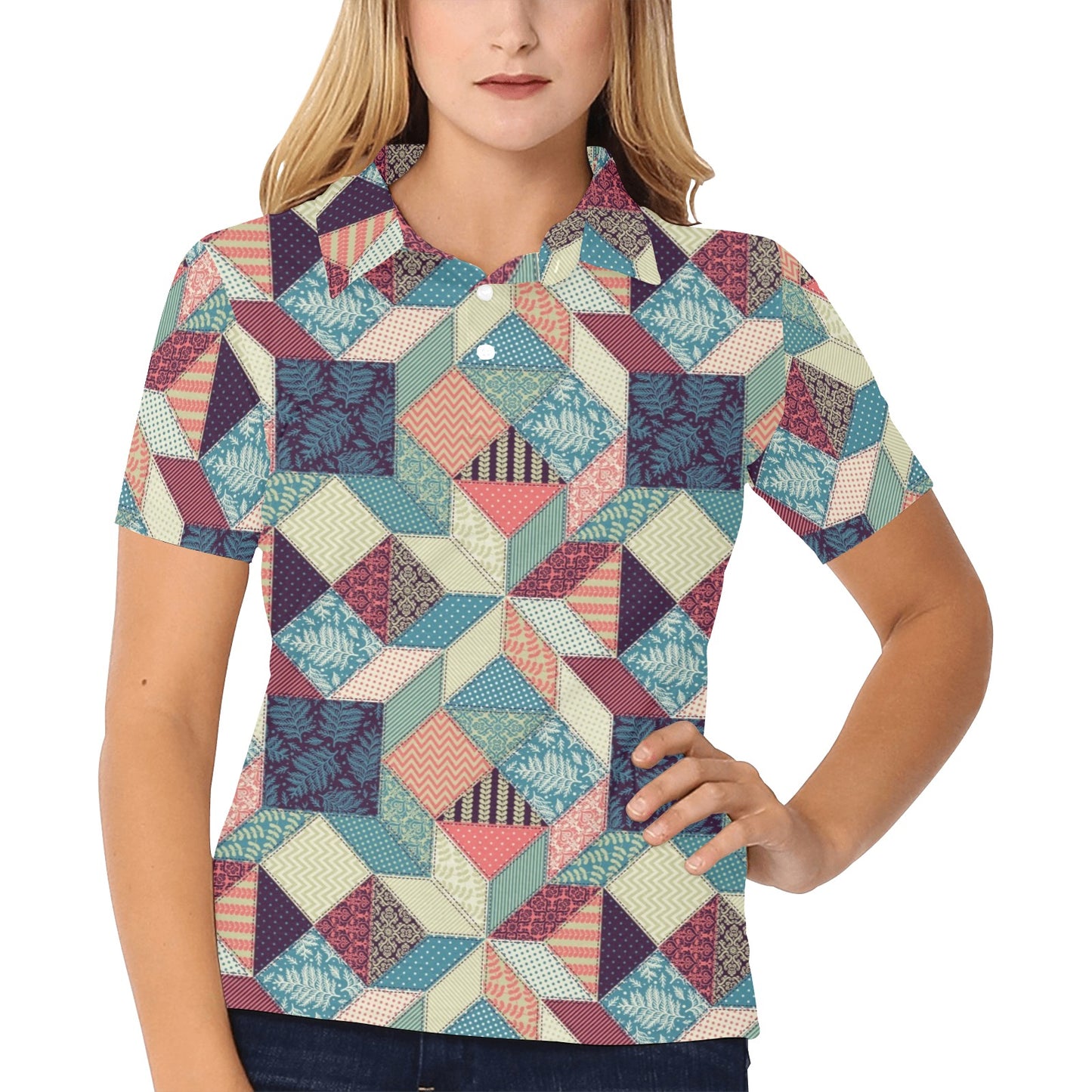 Patchwork Pattern Print Design 02 Women's Polo Shirt