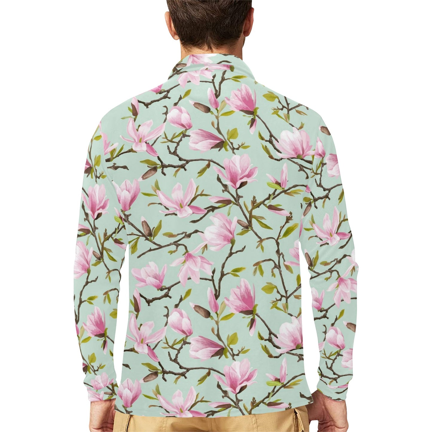 Magnolia Pattern Print Design MAG04 Long Sleeve Polo Shirt For Men's