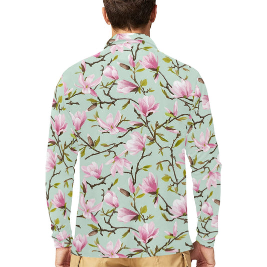 Magnolia Pattern Print Design MAG04 Long Sleeve Polo Shirt For Men's