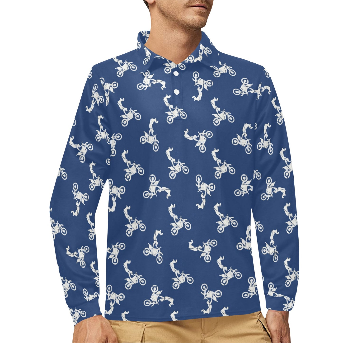 Motocross Pattern Print Design 01 Long Sleeve Polo Shirt For Men's