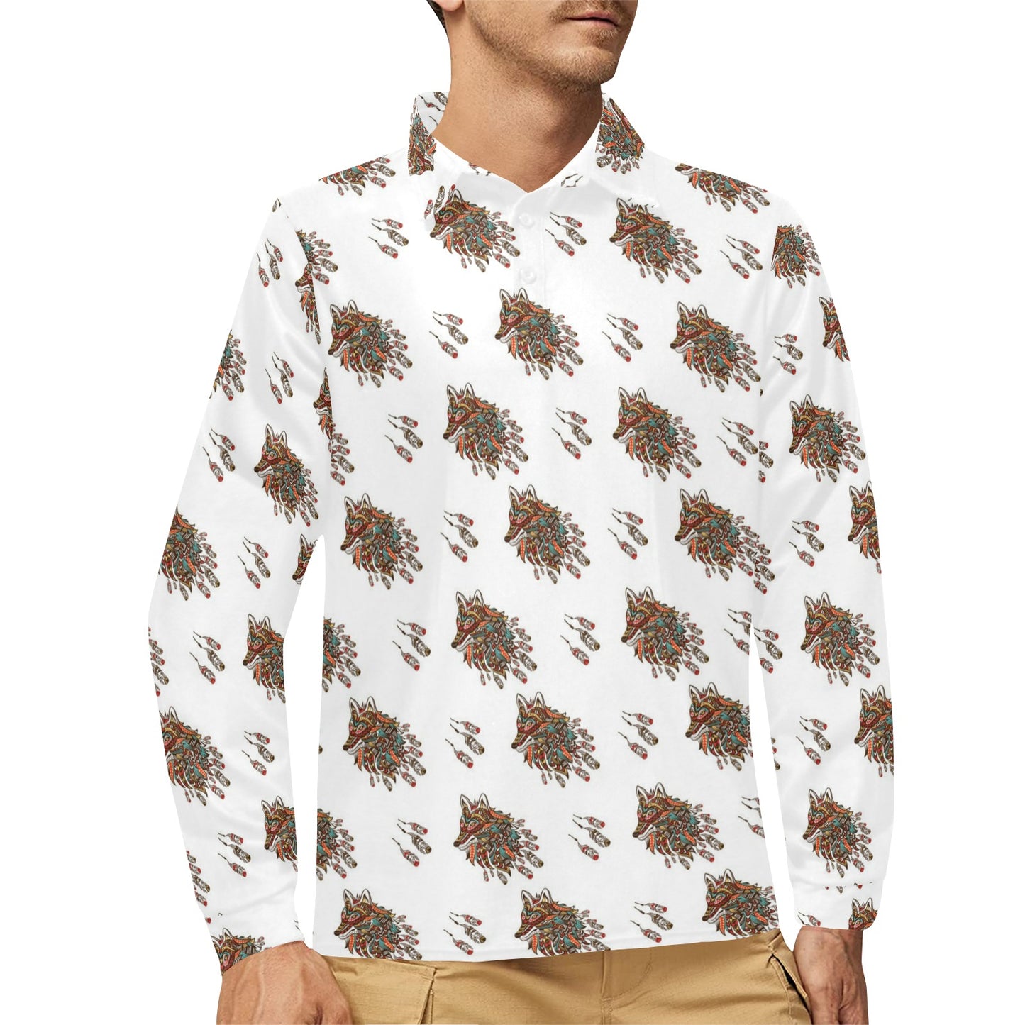 Aztec Wolf Pattern Print Design 02 Long Sleeve Polo Shirt For Men's
