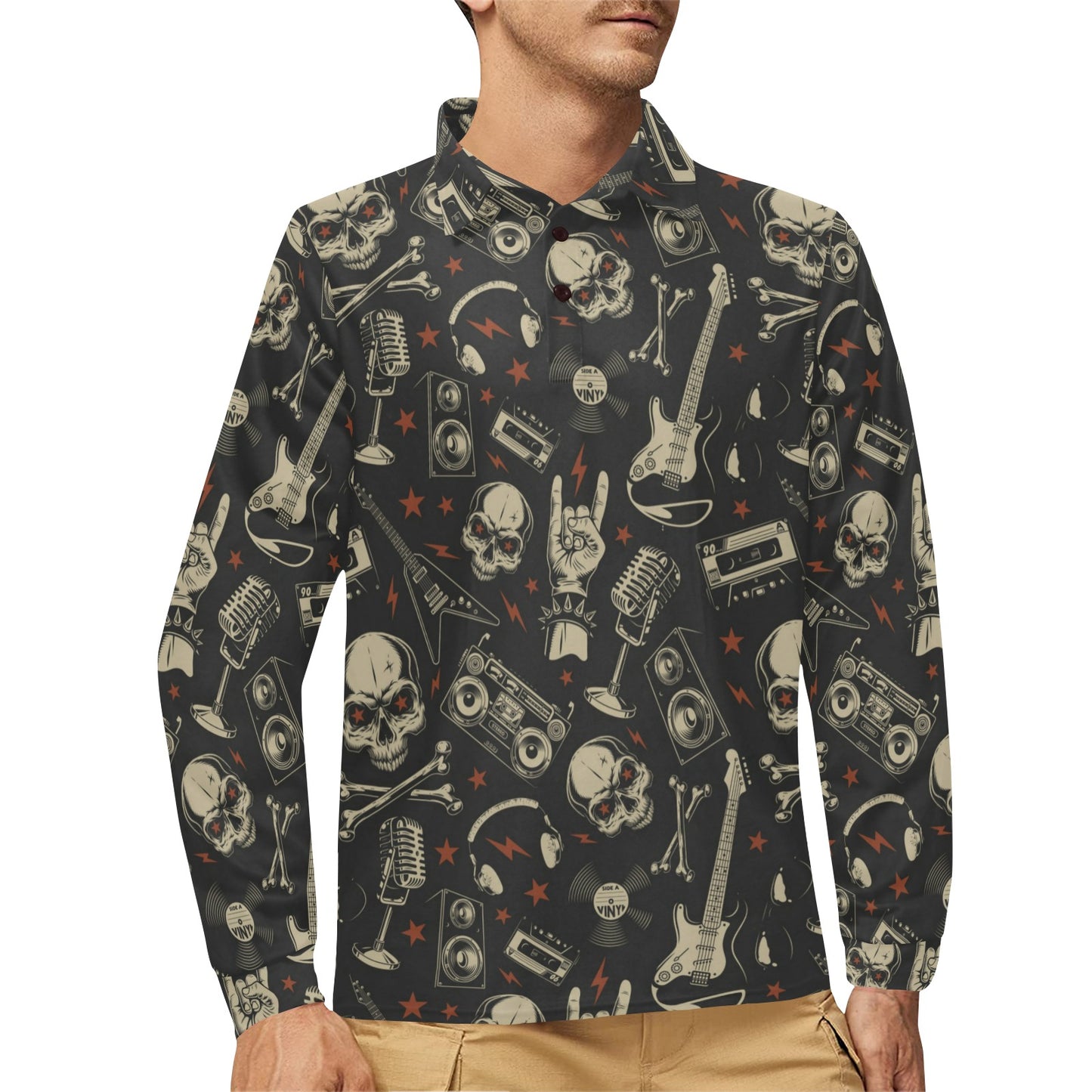 Rock and Roll Skull Pattern Print Design A03 Long Sleeve Polo Shirt For Men's