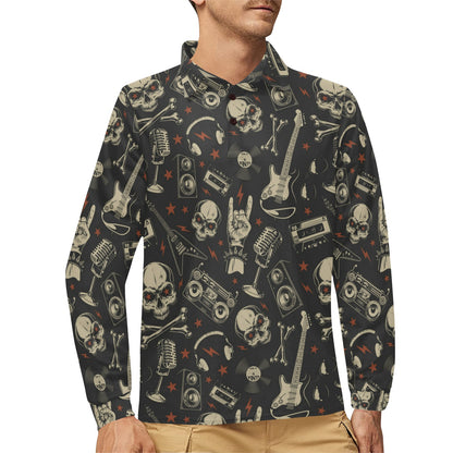 Rock and Roll Skull Pattern Print Design A03 Long Sleeve Polo Shirt For Men's