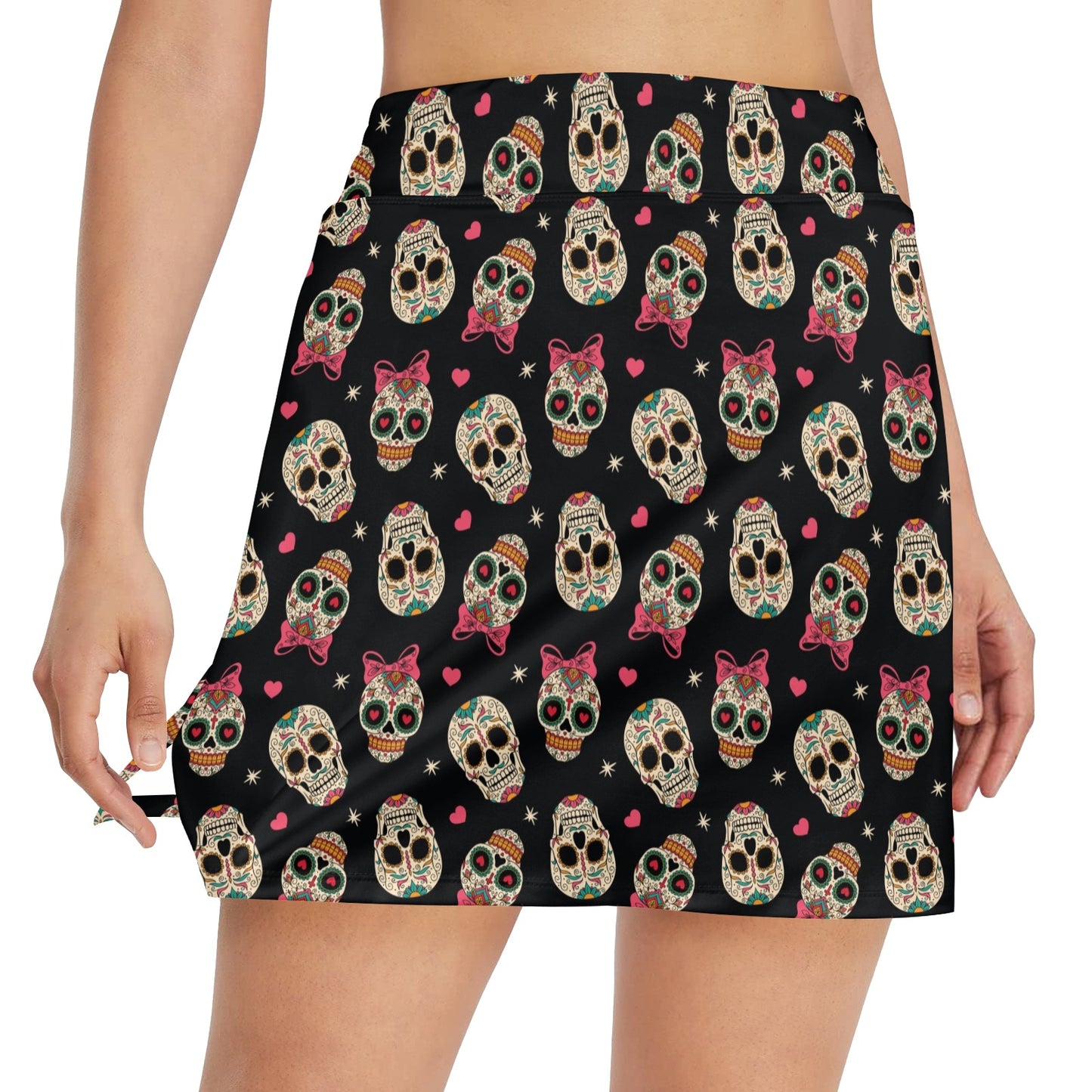 Sugar Skull Pink Bow Themed Print 17" Golf & Pickleball Skort with Pockets