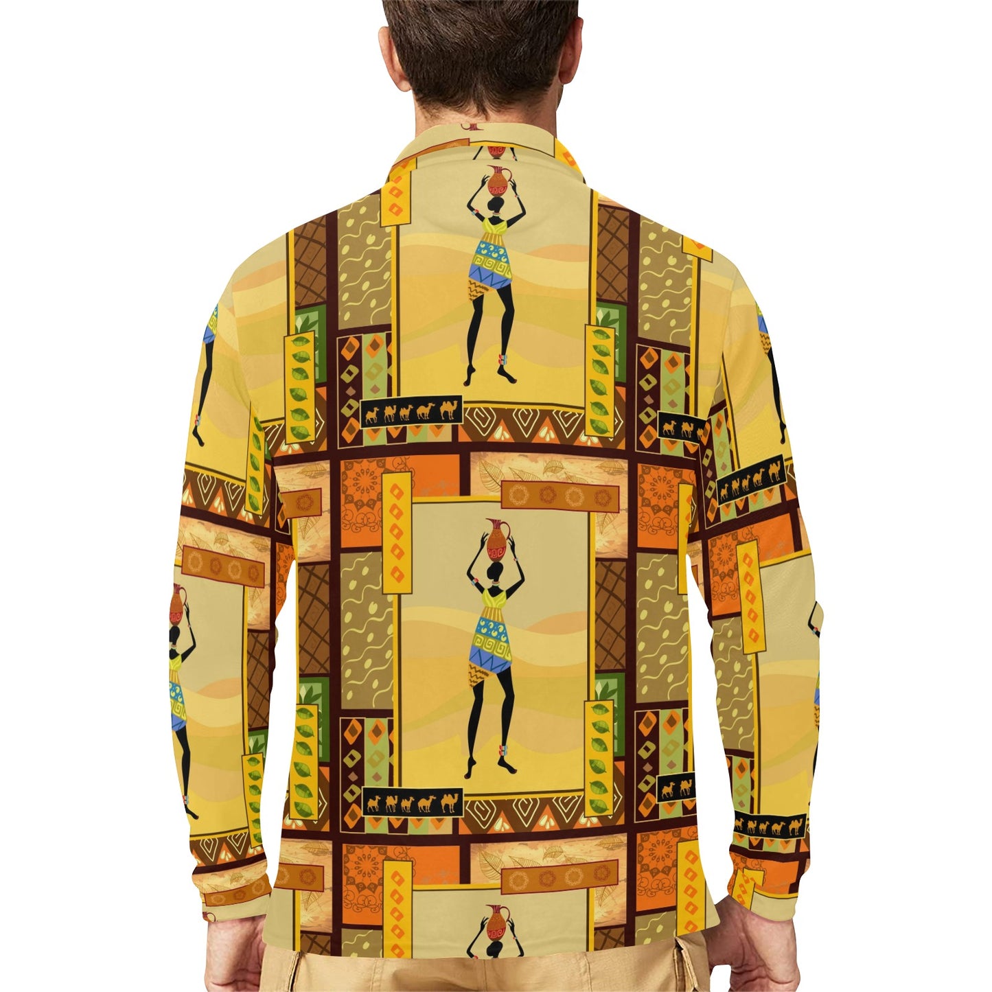African Girl Design Long Sleeve Polo Shirt For Men's